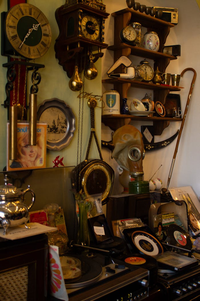 Explore an eclectic collection of vintage clocks and antiques in an Ankara shop setting.